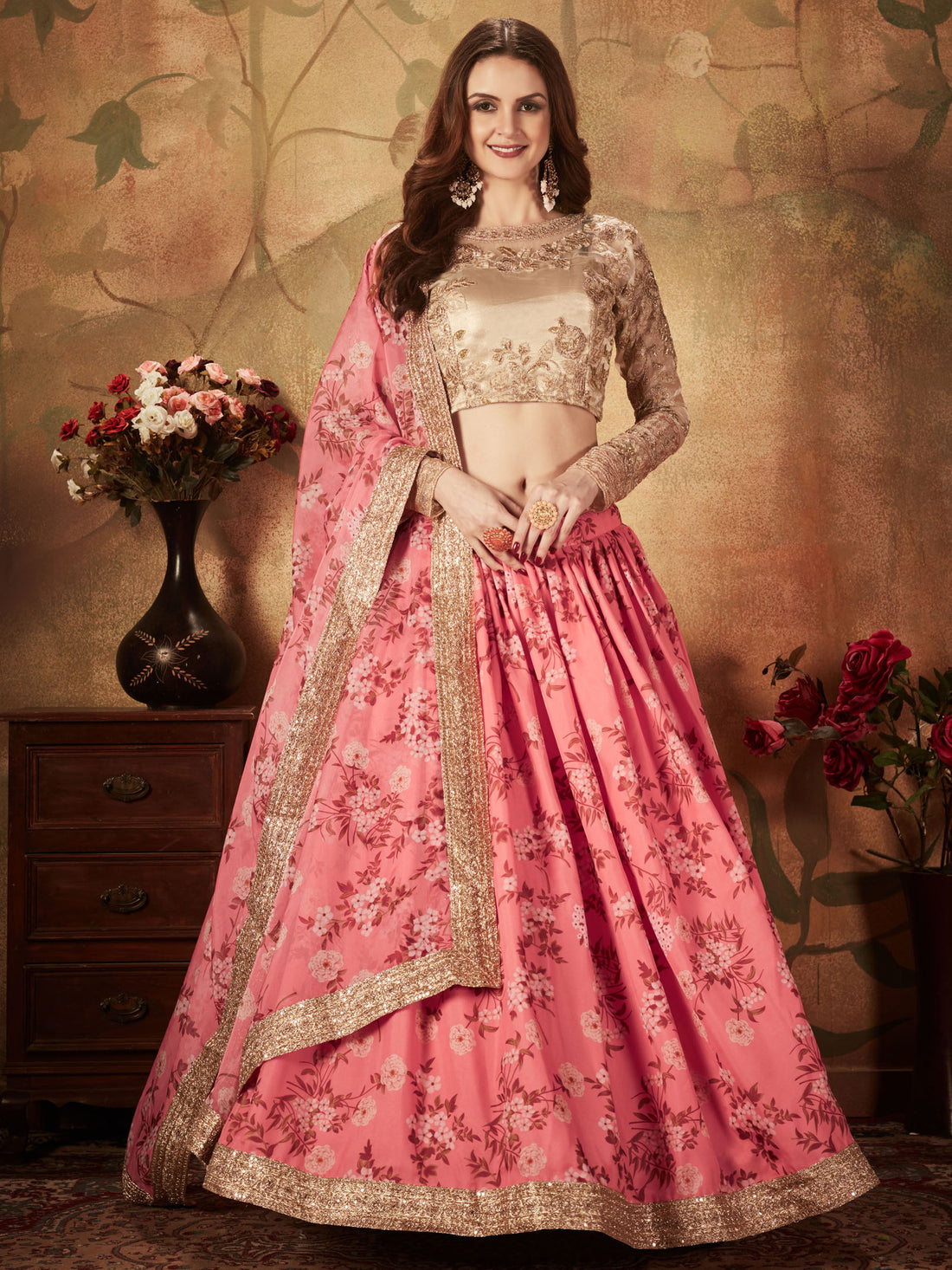 Gorgeous Pink Floral Printed Organza Bridesmaid Lehenga Choli