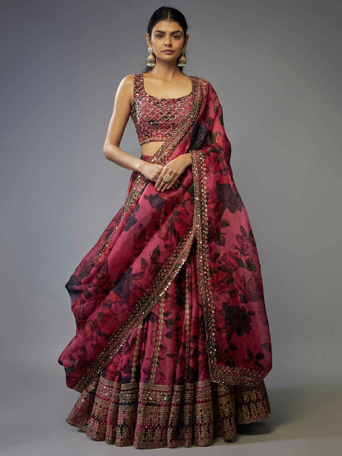 Glamorous Coral Pink Floral Printed Organza Reception Lehenga Choli