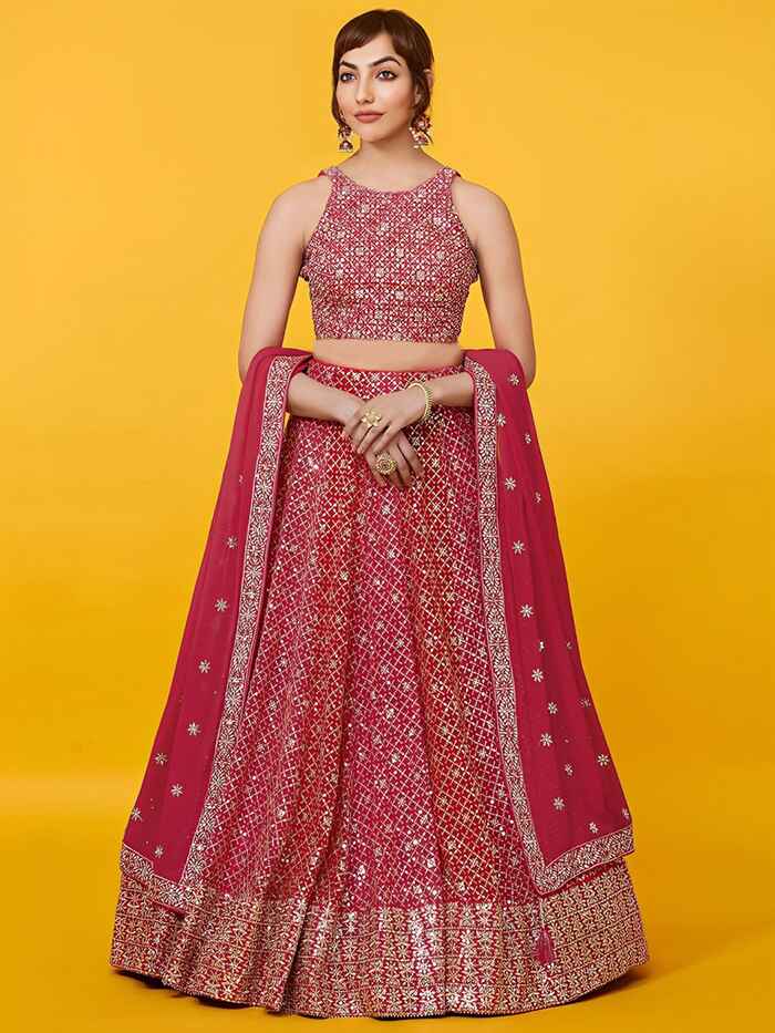 Precious Red Sequins Georgette Wedding Lehenga Choli With Dupatta