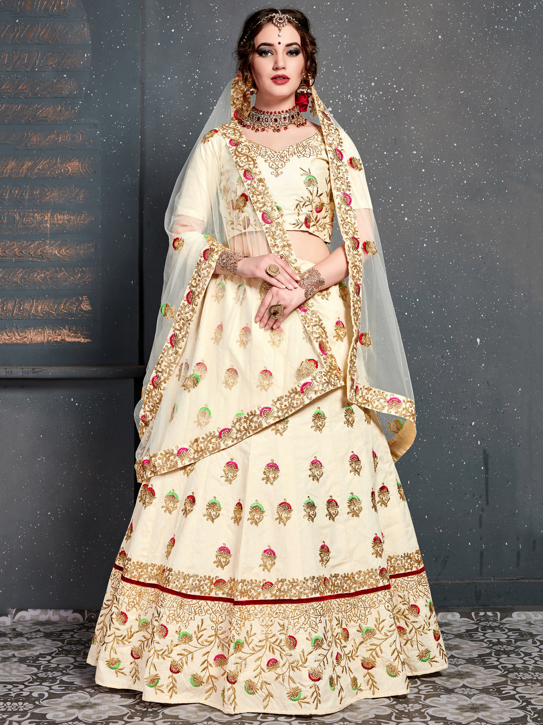 Charming Cream Zari Embroidered Silk Wedding Lehenga Choli