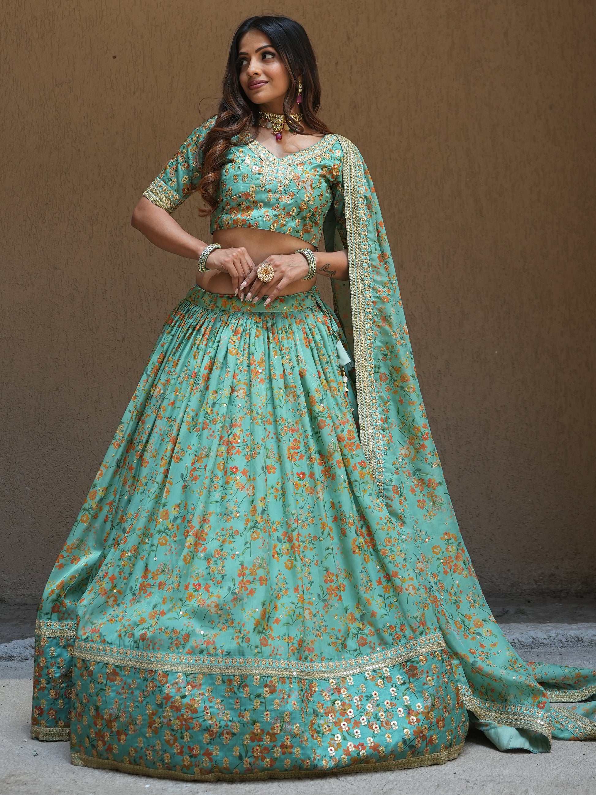 Alluring Sea Green Floral Printed Organza Lehenga Choli With Dupatta