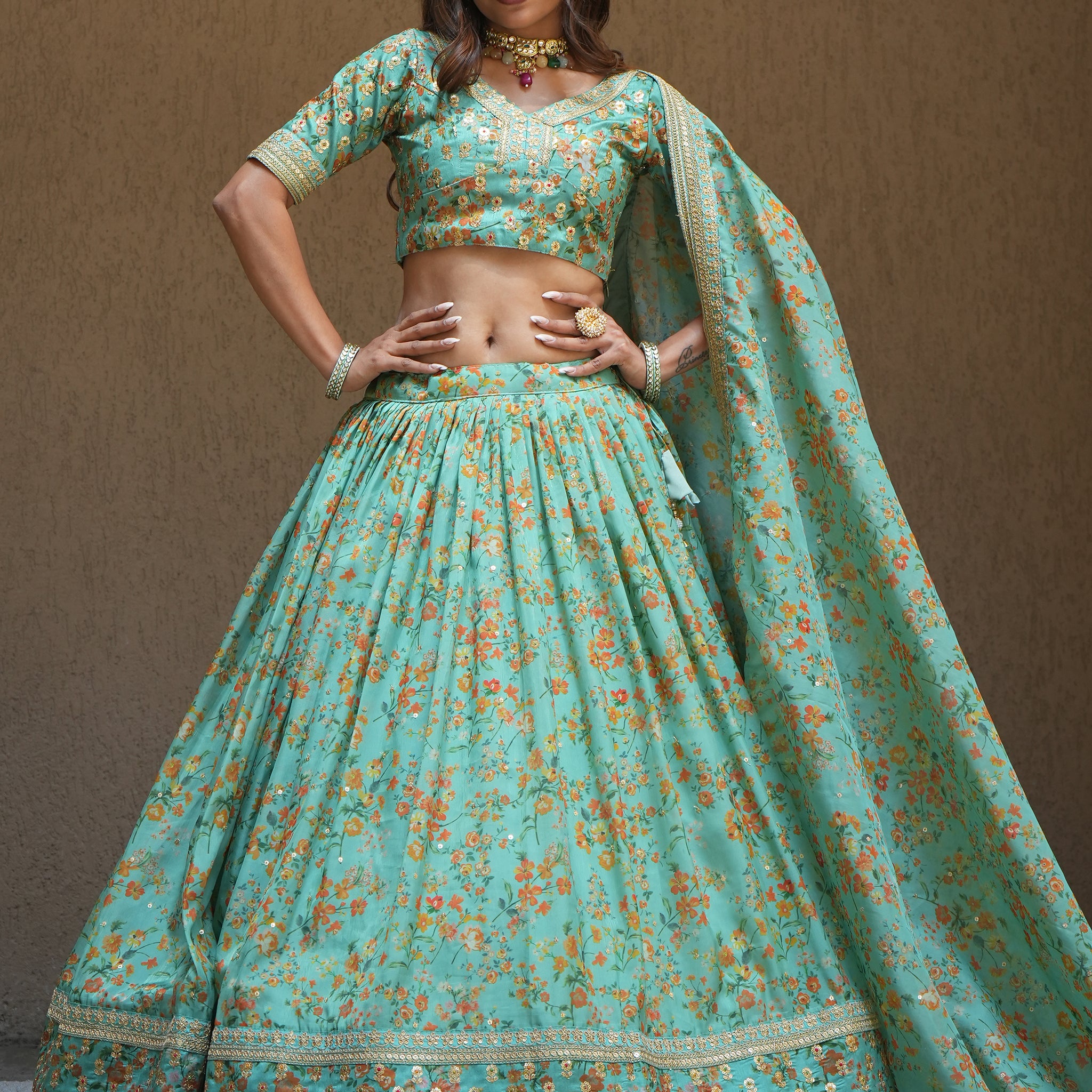 Alluring Sea Green Floral Printed Organza Lehenga Choli With Dupatta