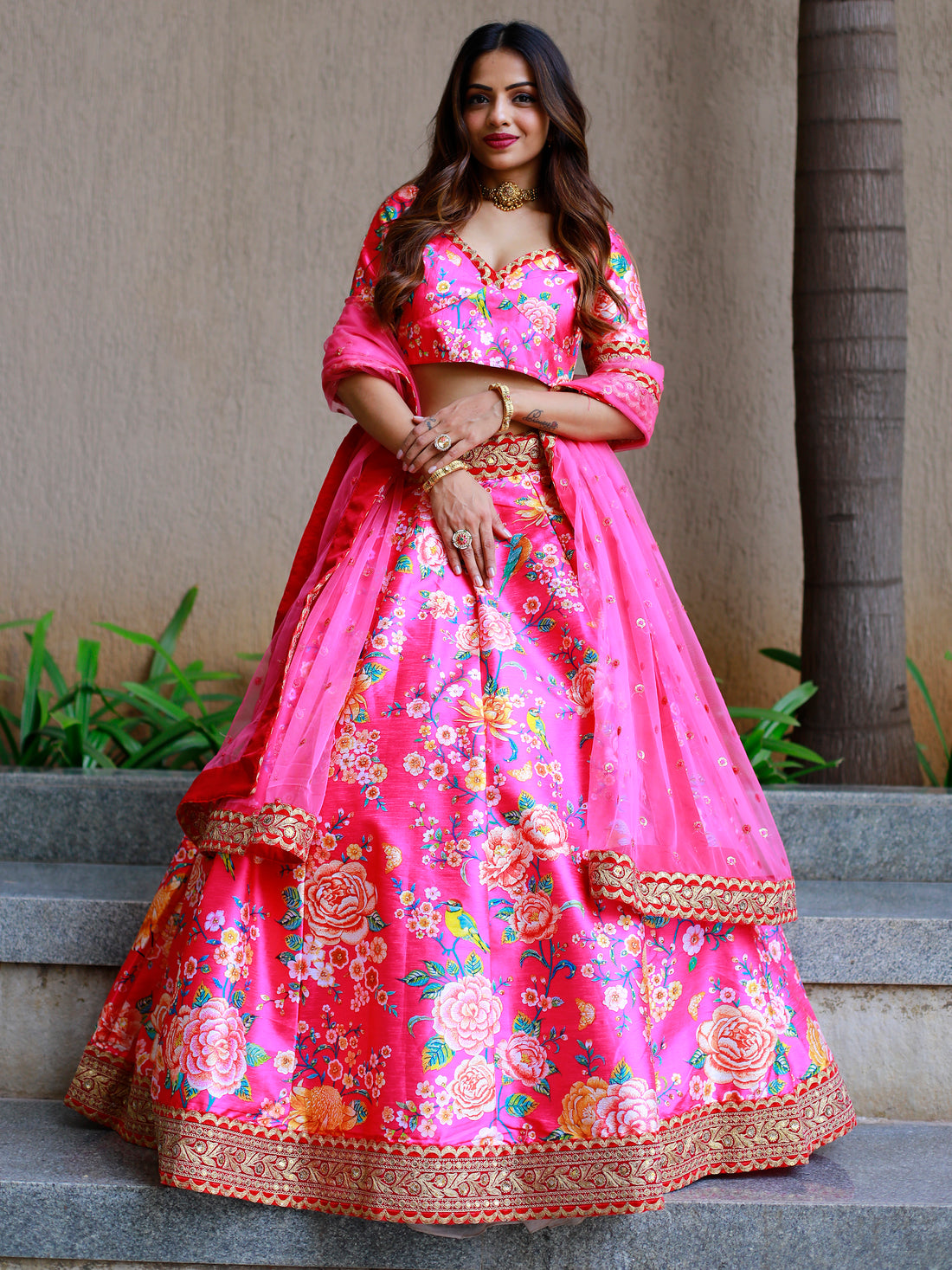 Awesome Pink Floral Printed Art Silk Engagement Wear Lehenga Choli