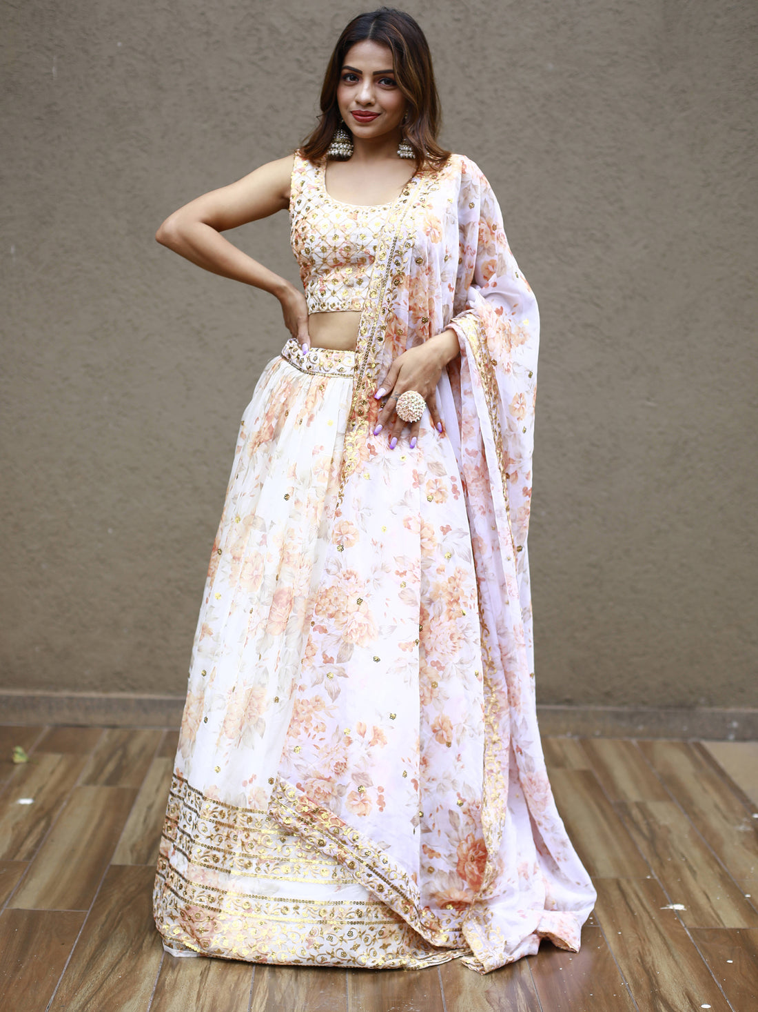 Alluring White Floral Printed Organza Lehenga Choli With Dupatta