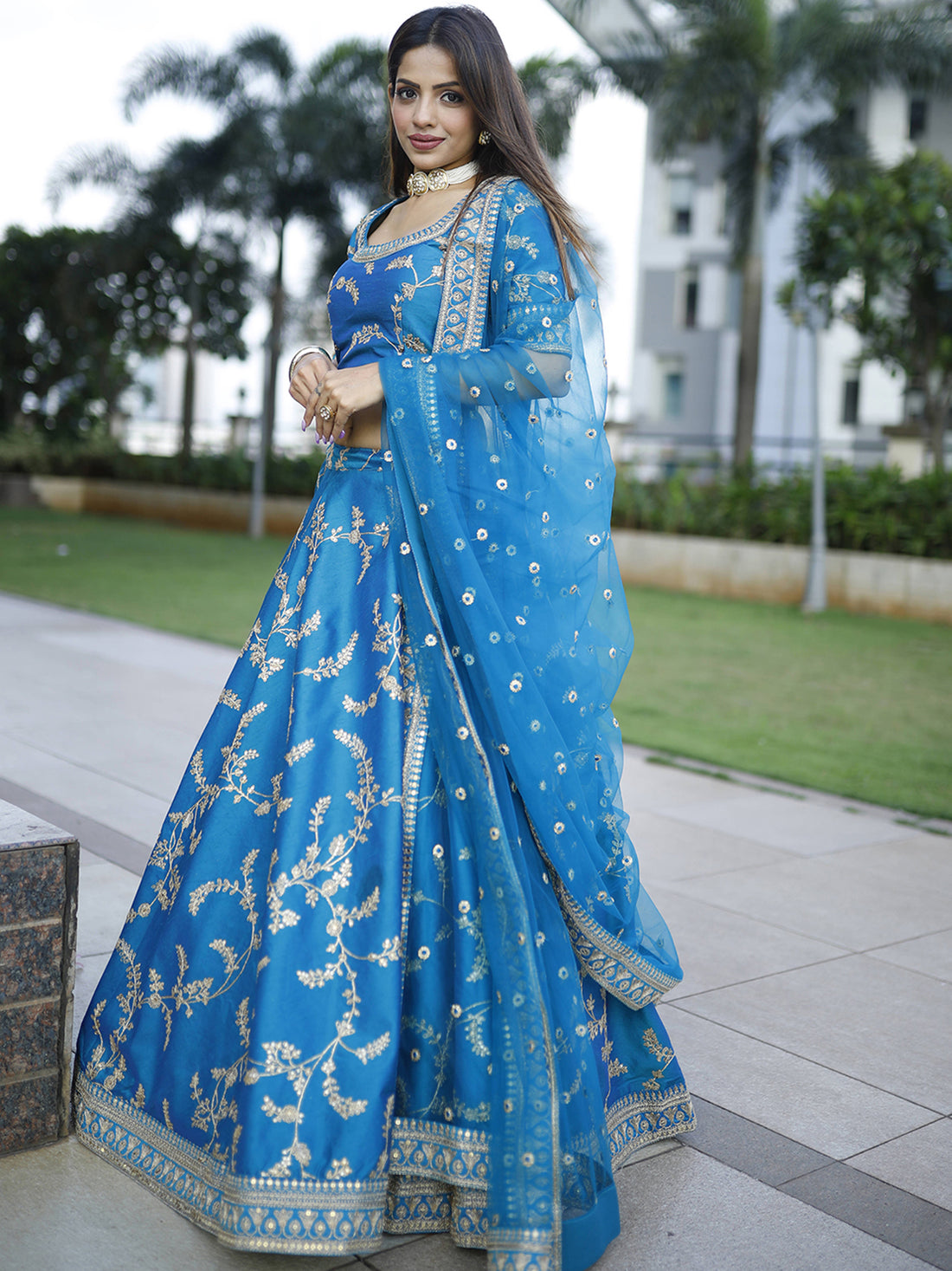 Attractive Royal Blue Thread Embroidery Art Silk Wedding Lehenga Choli