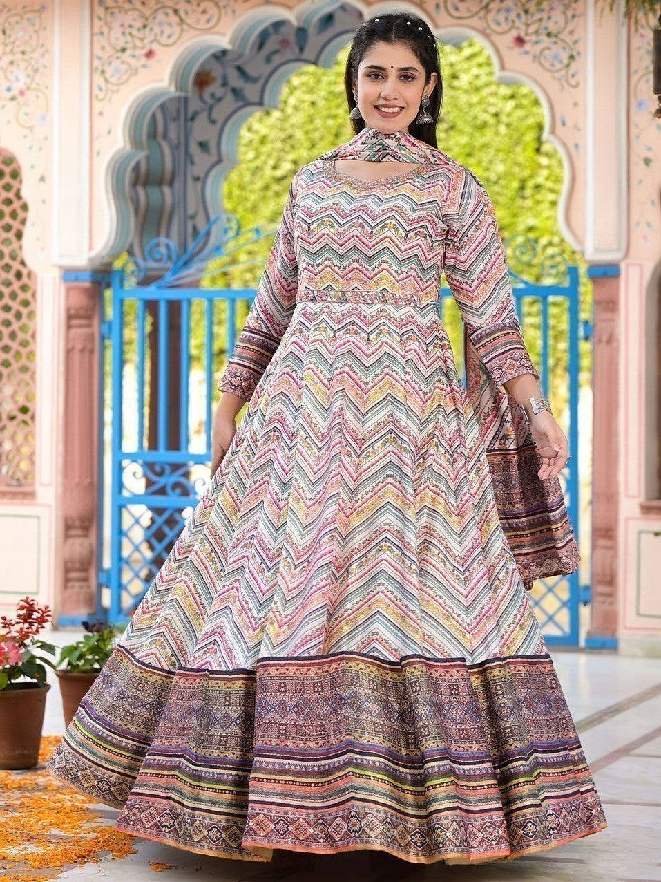 Pretty Off-White Digital Printed Silk Traditional Gown With Dupatta