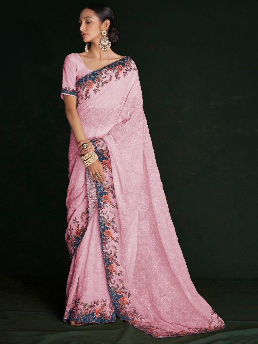 Astonishing Pink Lucknowi Work Georgette Event Wear Saree With Blouse