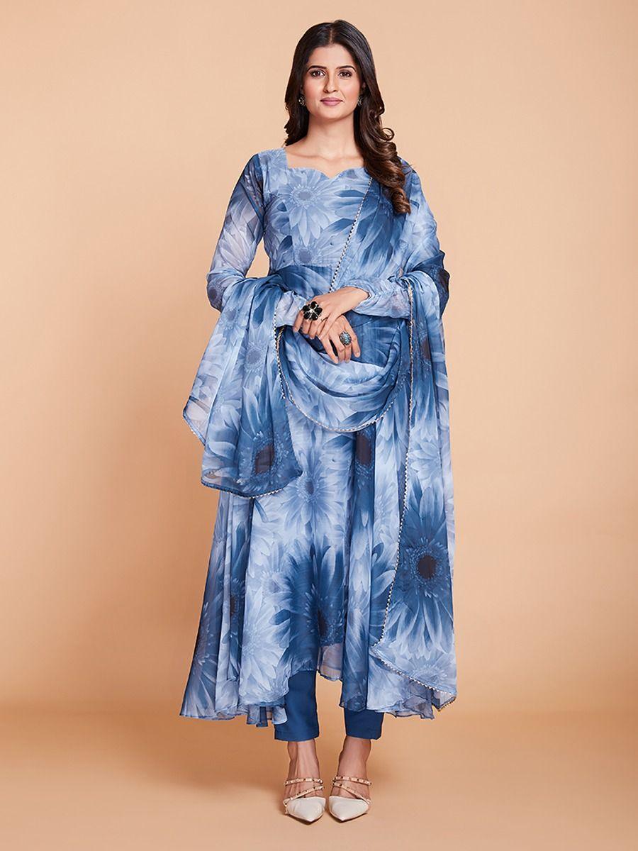 Stunning Blue And White Printed Anarakali Salwar Suit