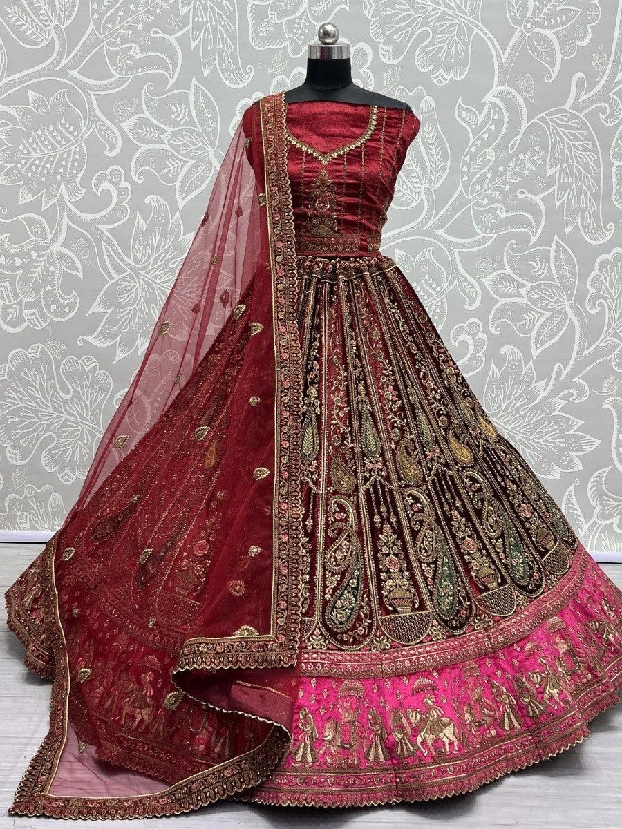 Captivating Maroon Multi-Thread Work Velvet Bridal Lehenga Choli