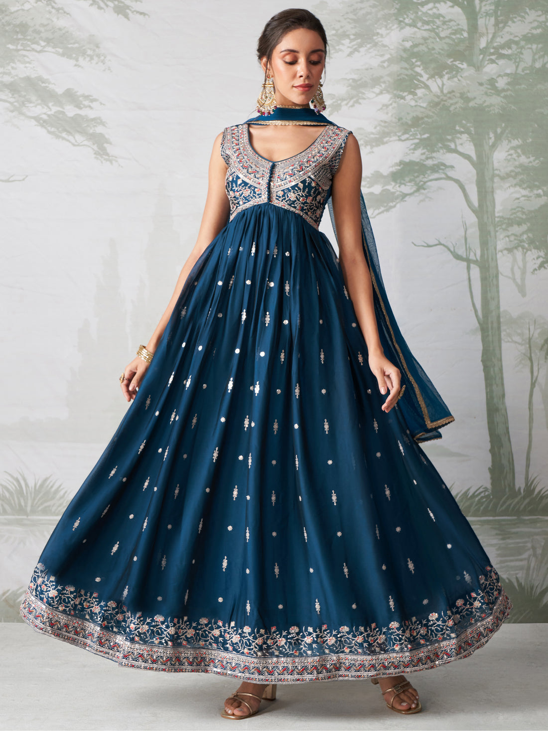 Magnetic Blue Embroidered Organza Festival Wear Gown With Dupatta