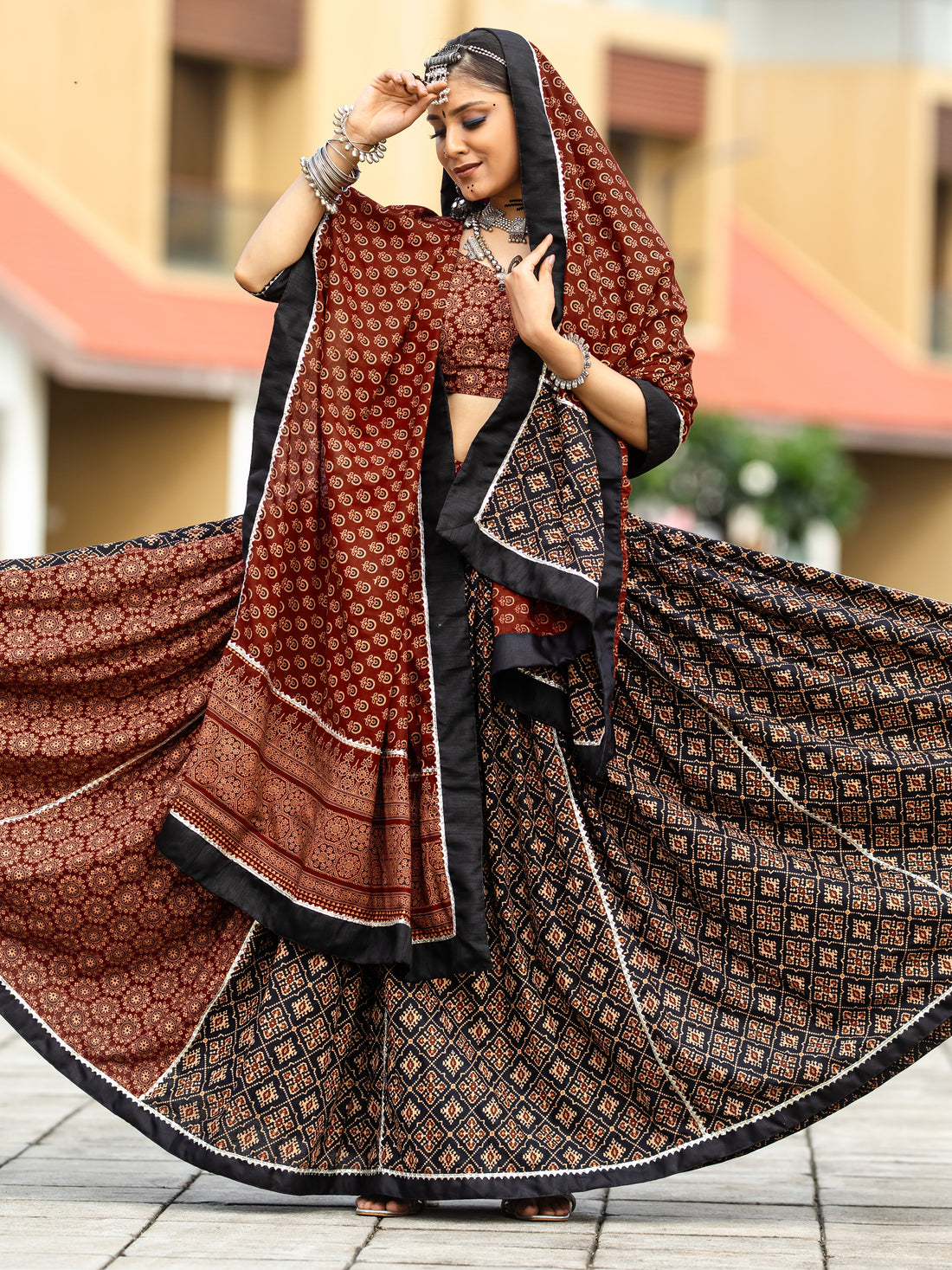 Alluring Black Printed Cotton Navratri Lehenga Choli With Dupatta