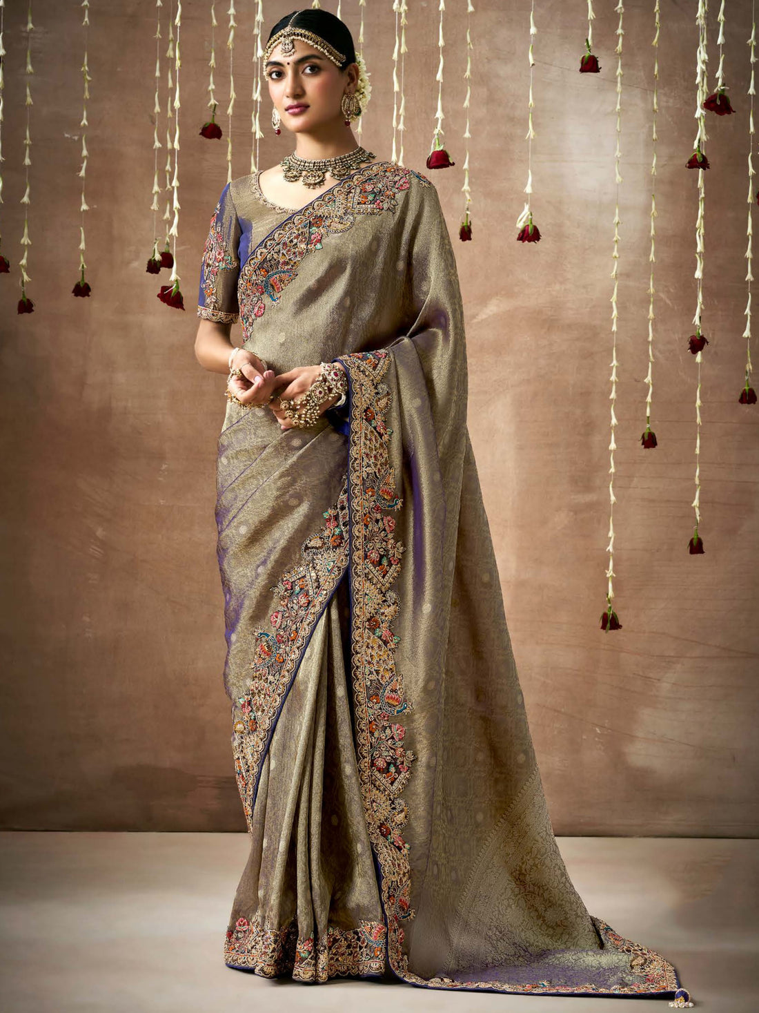 Charming Olive Green Sequins Silk Wedding Wear Saree With Blouse