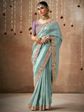 Stunning Sky-Blue Color Heavy Border Work Silk Reception Wear Saree