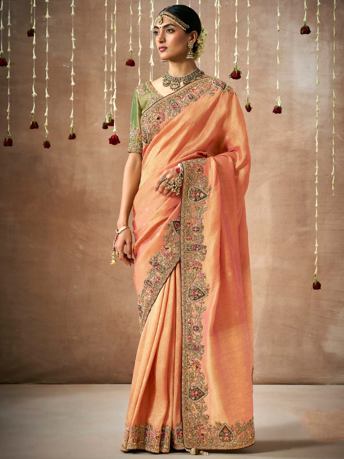 Pretty Peach Heavy Border Work Silk Engagement Wear Saree