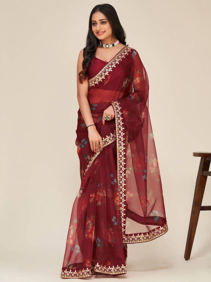 Mesmerizing Maroon Floral Print Work Organza Party Wear Saree