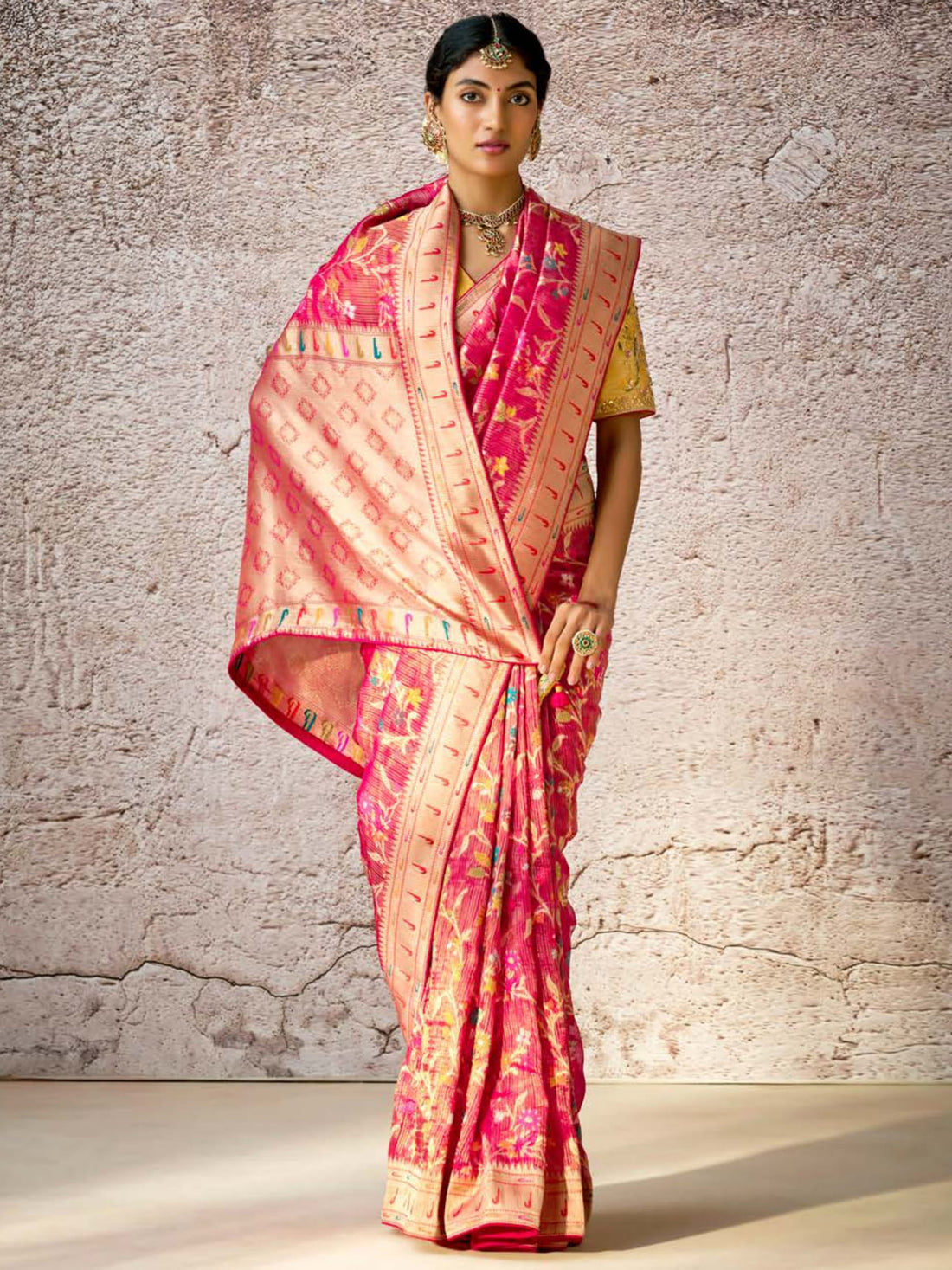 Beautiful Pink Zari Weaving Silk Wedding Wear Saree With Blouse