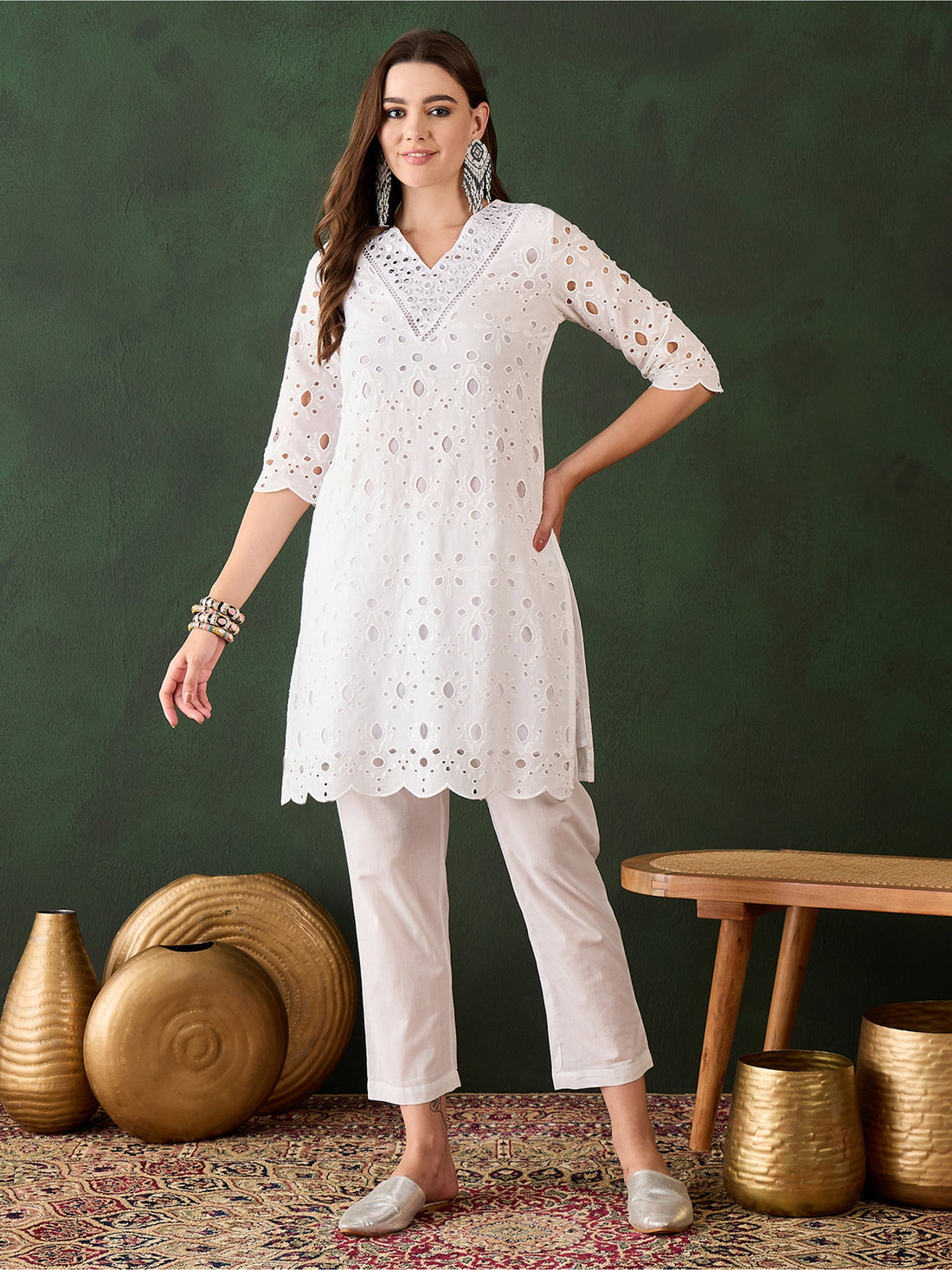 Attractive White Cotton Embroidered Festival Wear Kurta With Trouser