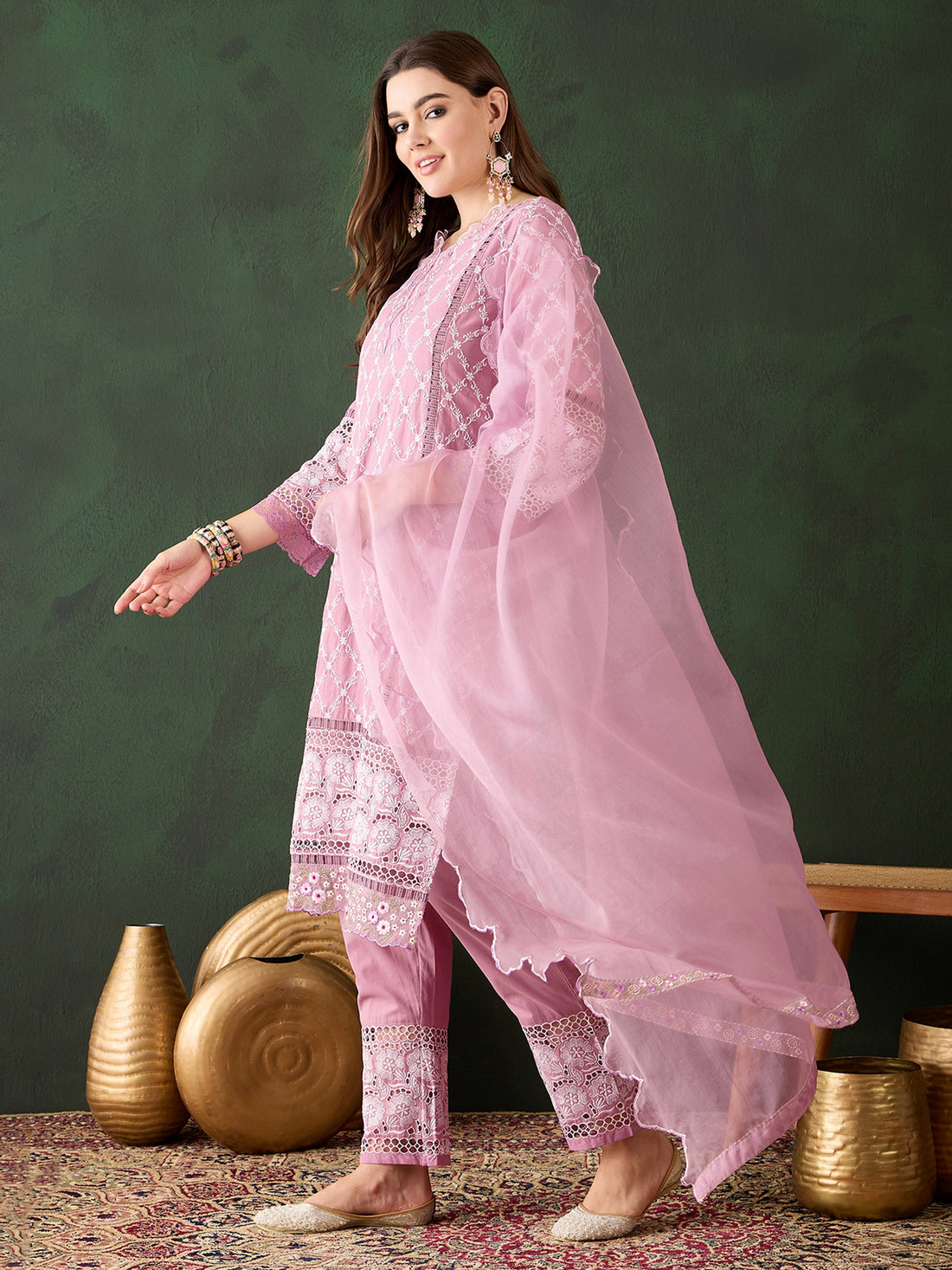 Gorgeous Pink Cotton Embroidered Designer Kurta Trouser With Dupatta