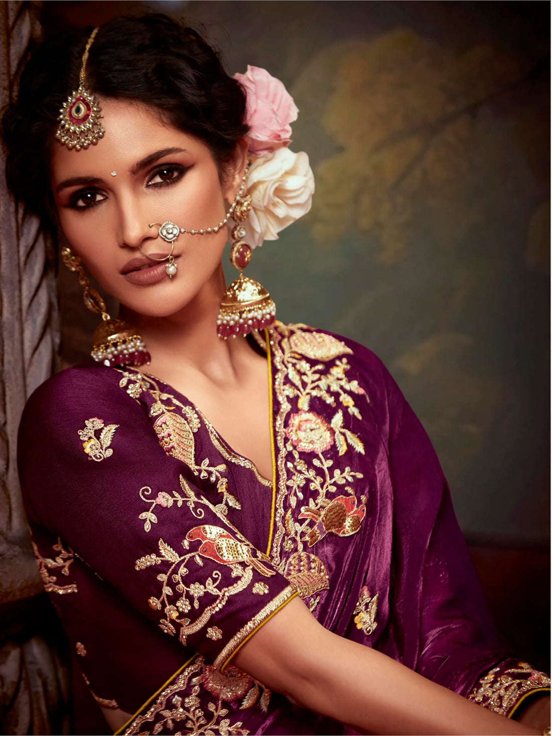 Charming Wine Embroidered Silk Wedding Saree With Blouse