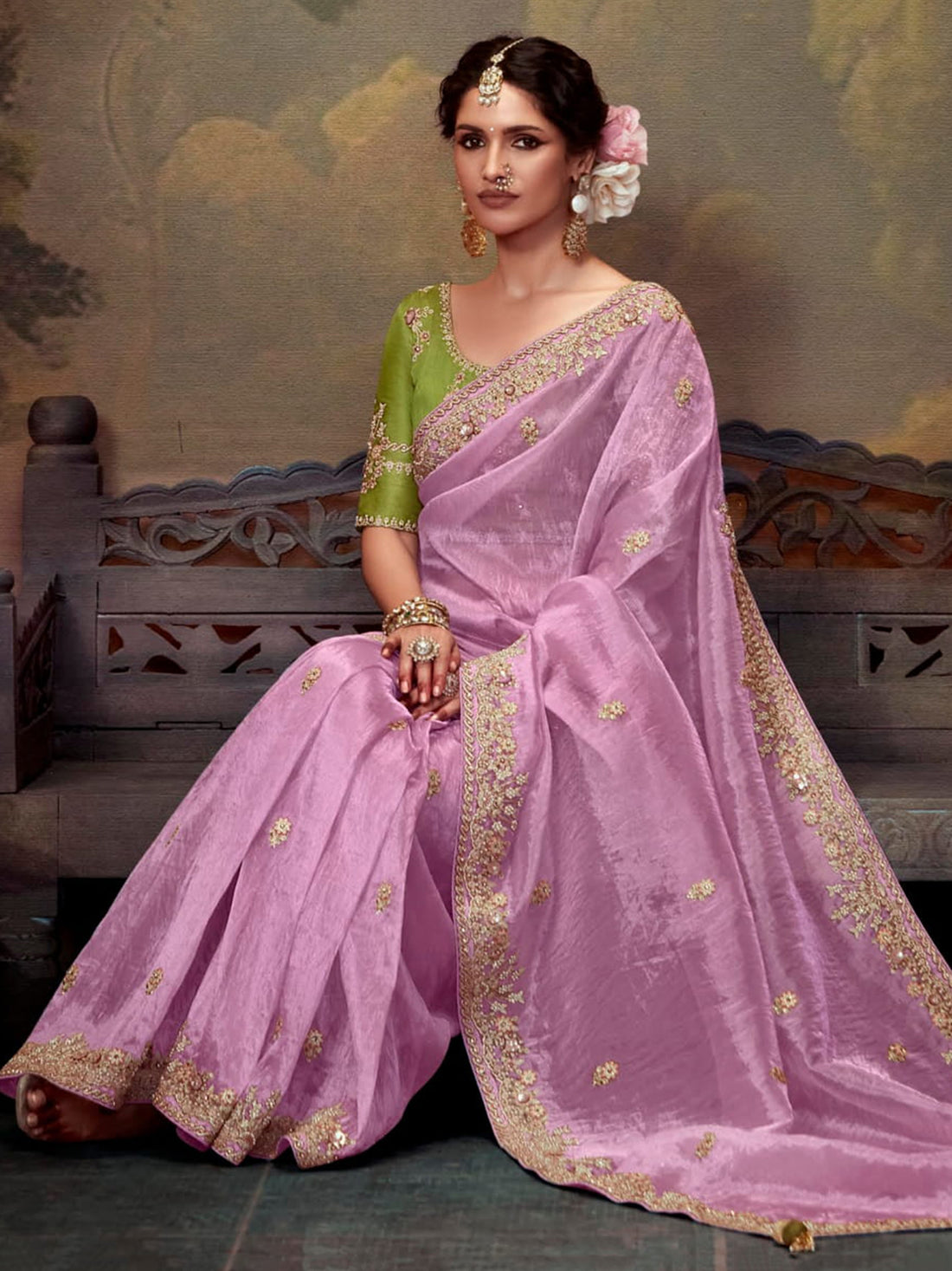 Fascinating Lavender Embroidered Silk Festival Wear Saree With Blouse