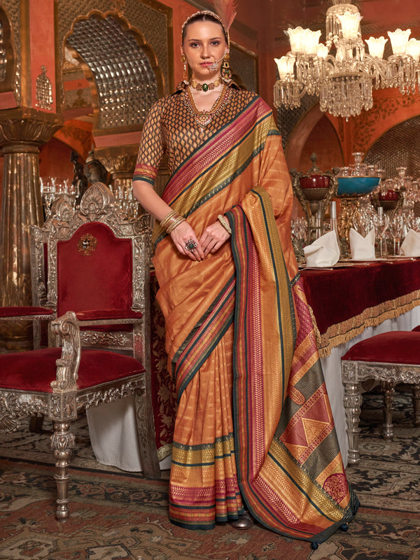 Wonderful Orange Zari Weaving Silk Event Wear Saree With Blouse