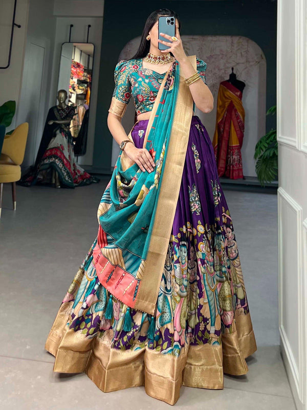 Amazing Purple Kalamkari Print Silk Festive Wear Lehenga Choli