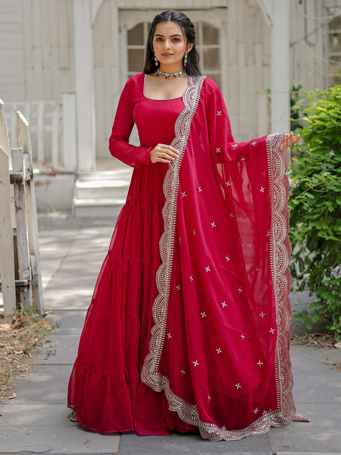 Beautiful Rani Pink Georgette Reception Wear Plain Gown With Dupatta