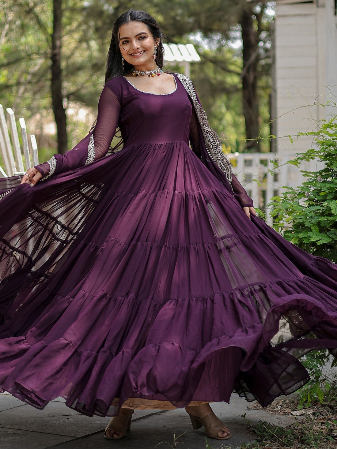 Unexpected Wine Georgette Festival Wear Plain Gown With Dupatta
