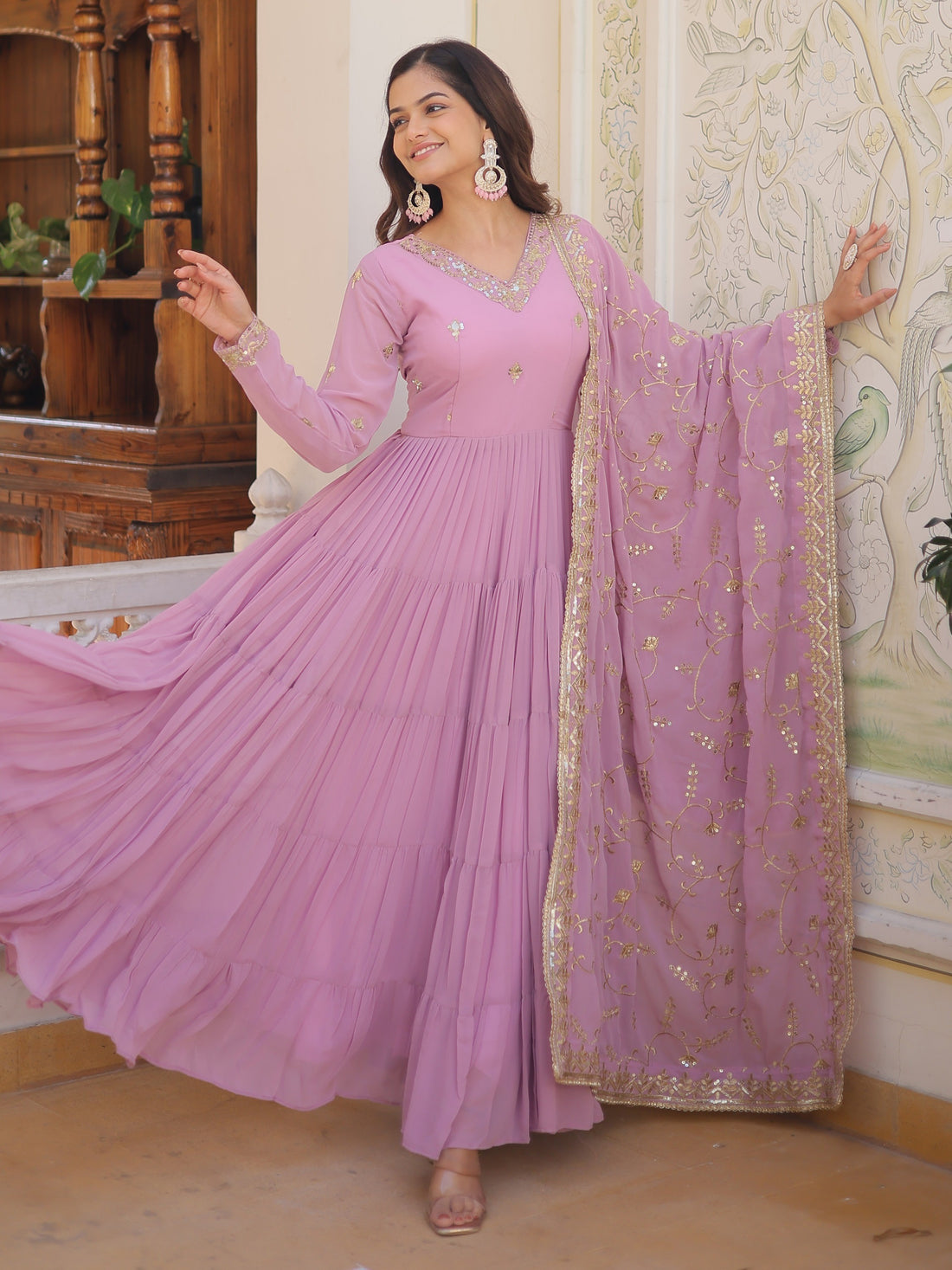 Desirable Lavender Embroidered Georgette Event Wear Gown With Dupatta