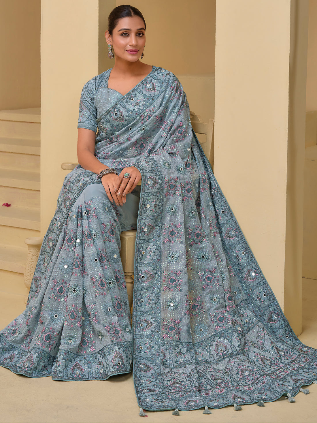 Sweet Grey Mirror Work Organza Reception Wear Saree With Blouse