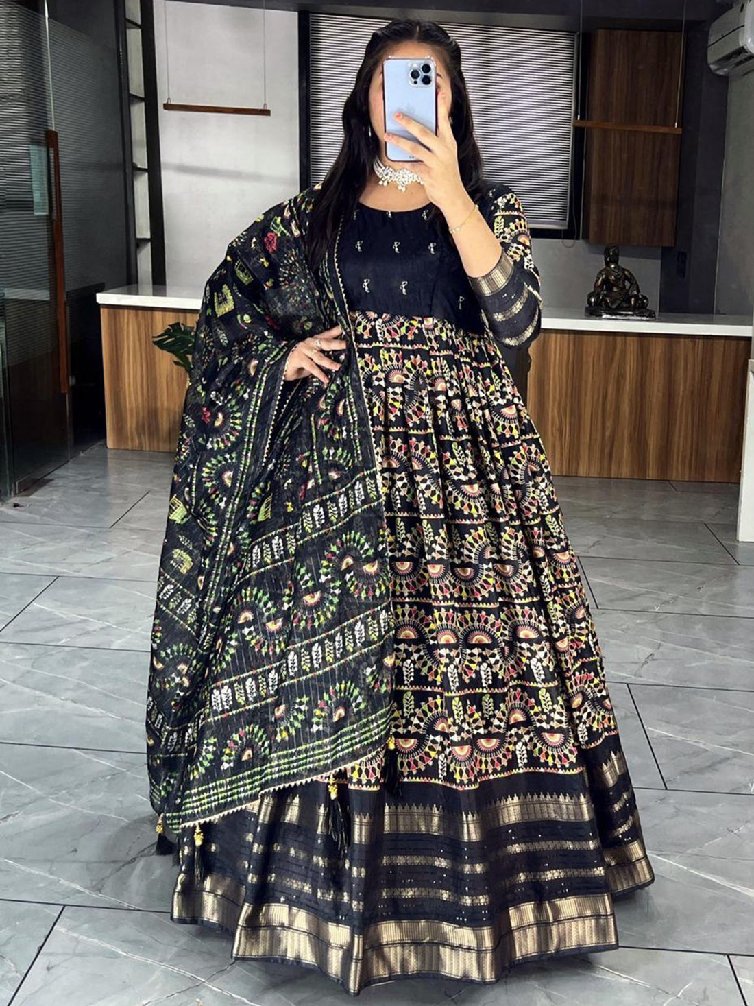 Beautiful Black Zari Weaving Cotton Silk Gown With Dupatta