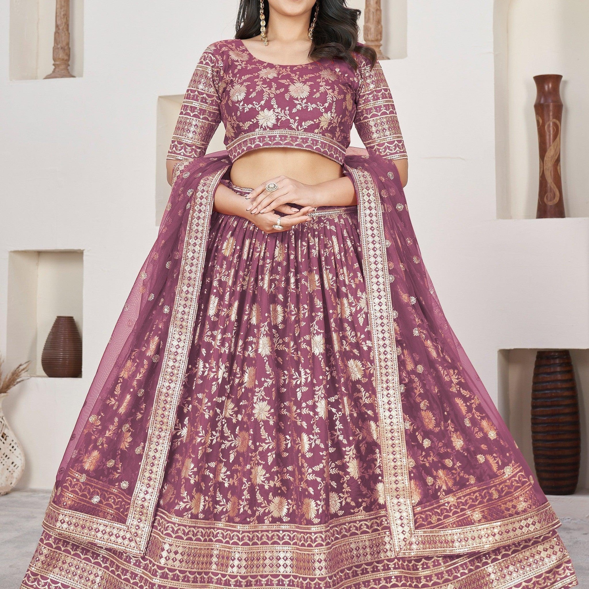 Adorable Purple Zari Work Jacquard Lehenga Choli With Dupatta