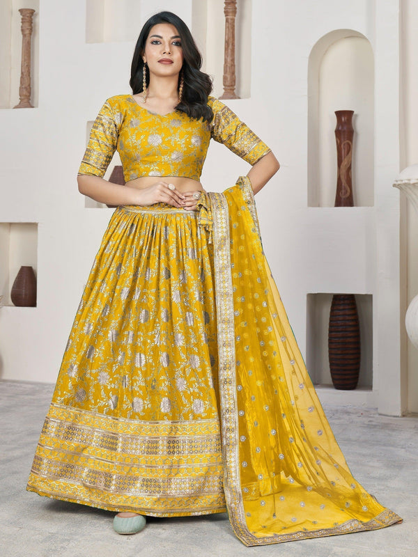 Remarkable Yellow Zari Work Jacquard Haldi Wear Lehenga Choli