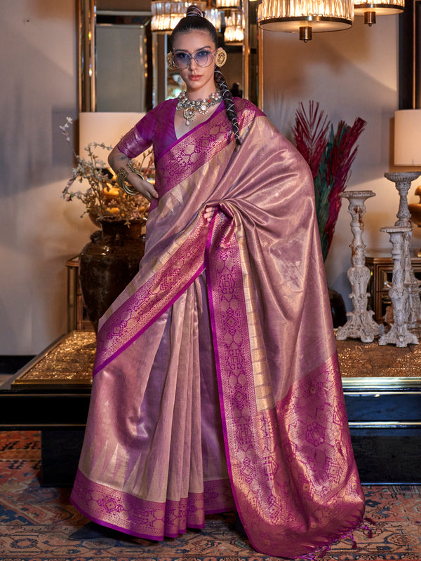 Stunning Pink Zari Weaving Tissue Silk Festival Wear Saree With Blouse