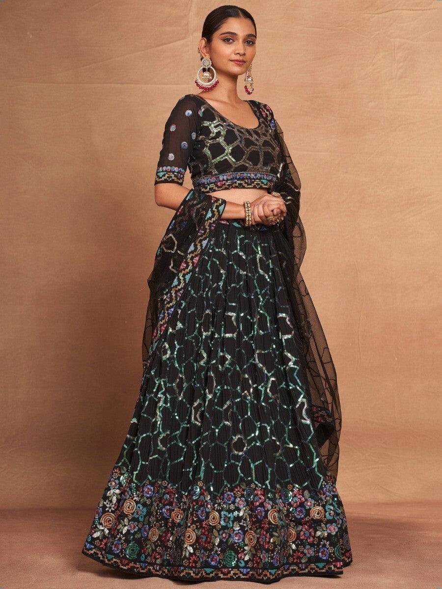 Ravishing Black Sequins Georgette Designer Lehenga Choli With Dupatta