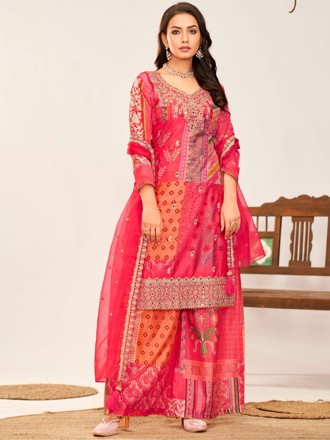 Stunning Pink Embroidered Chinon Event Wear Palazzo Suit