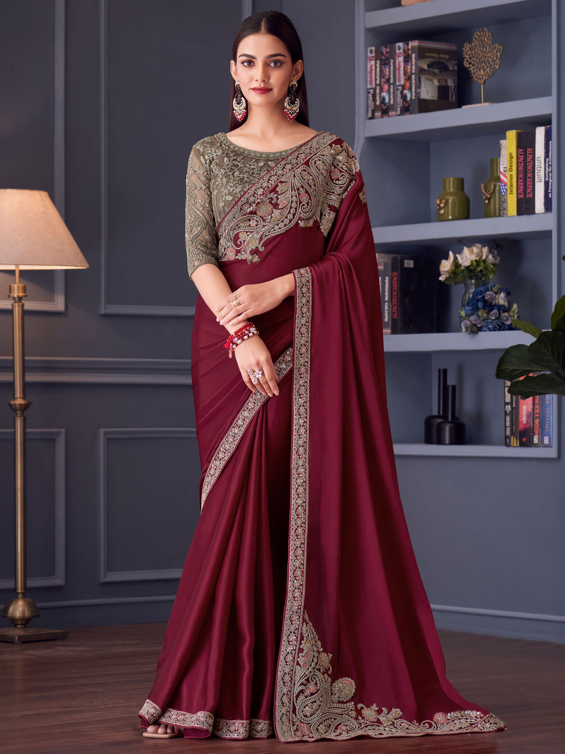 Dazzling Maroon Heavy Lace Work Satin Wedding Saree With Blouse