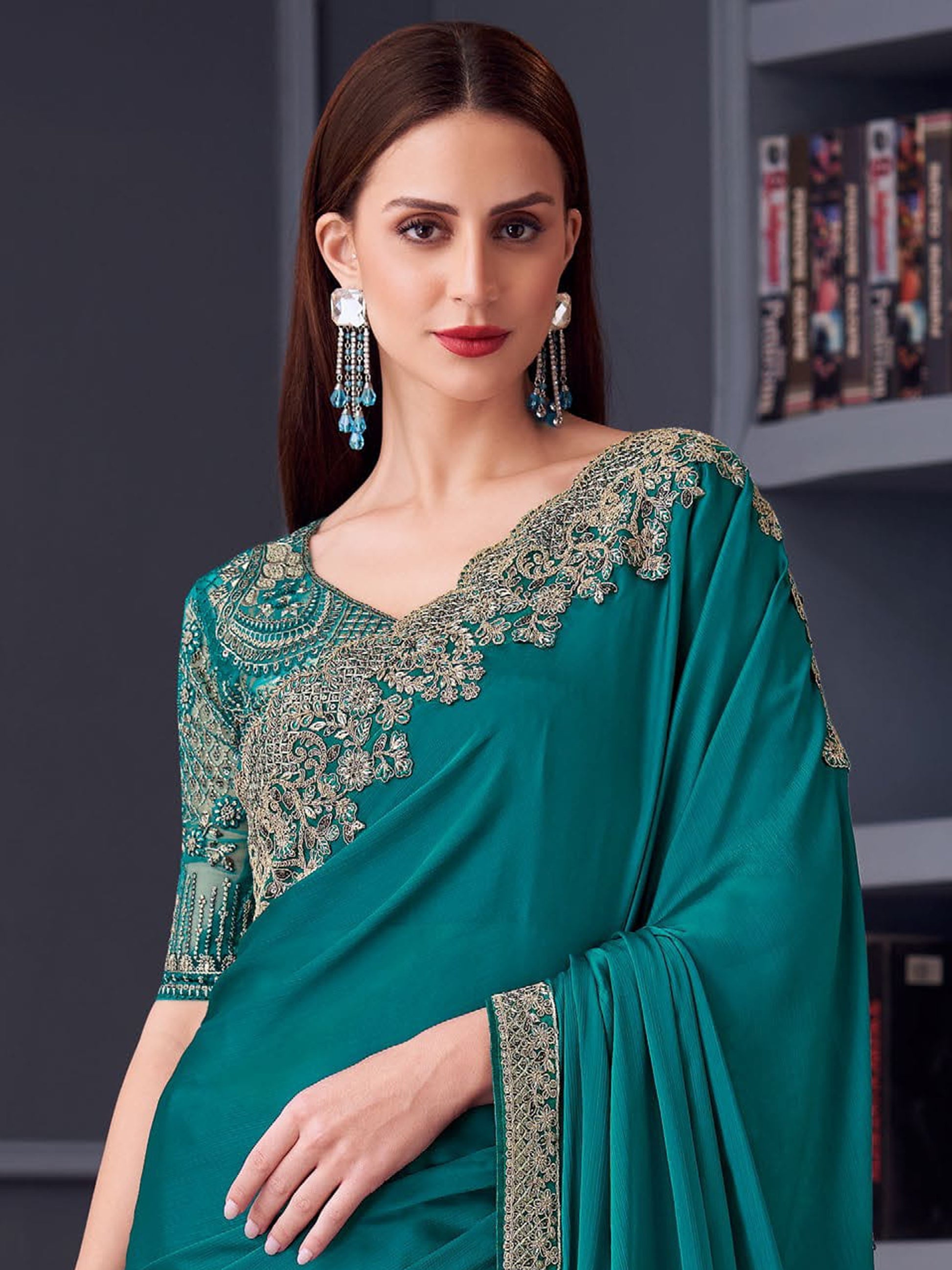 Lovely Sea Green Heavy Lace Work Chiffon Festival Wear Saree