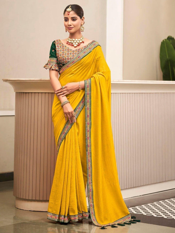 Awesome Yellow Embroidered Border Vichitra Silk Haldi Wear Saree