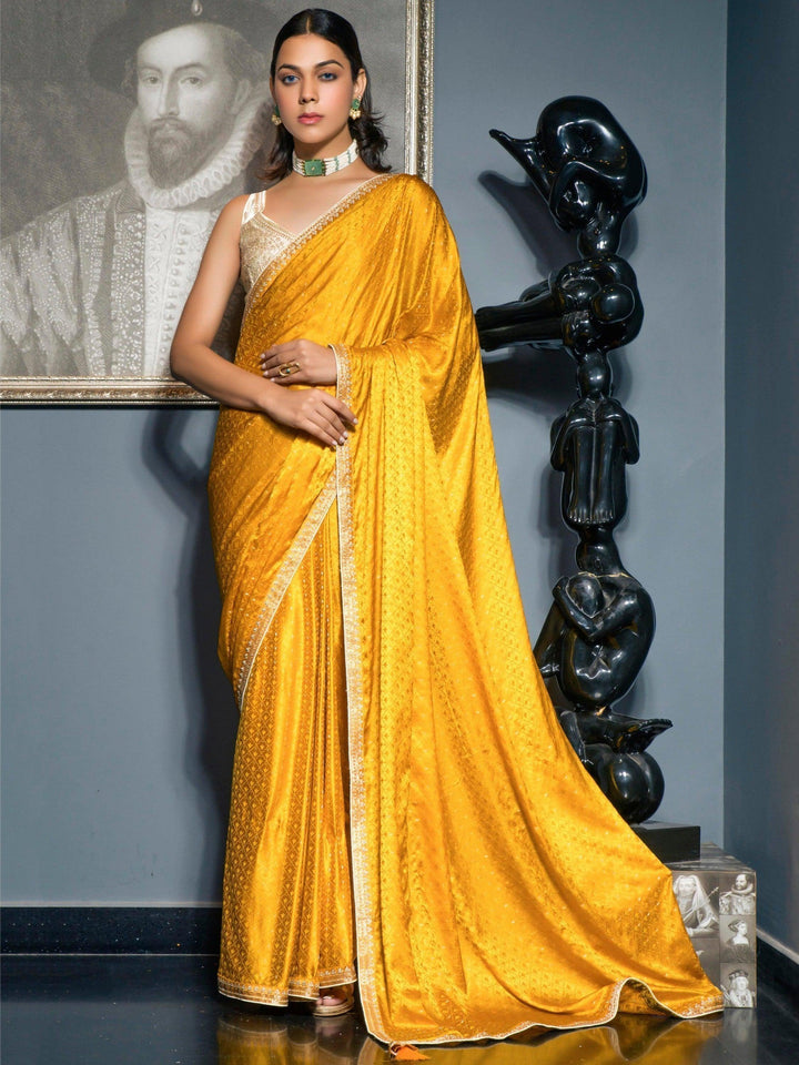 Outstanding Yellow Zari Weaving Satin Haldi Wear Saree With Blouse