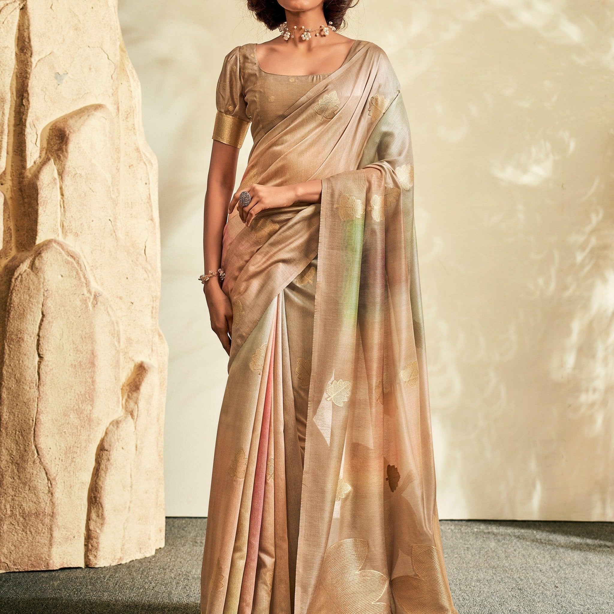 Adorable Brown Thread Work Silk Festive Saree Wear With Blouse