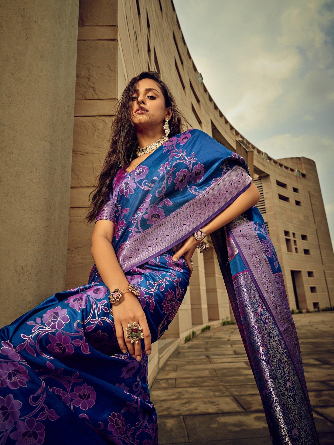 Incredible Blue Thread Weaving Satin Engagement Wear Saree