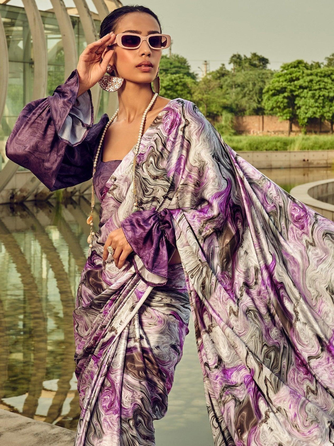 Excellent Purple Digital Printed Satin Events Wear Saree With Blouse