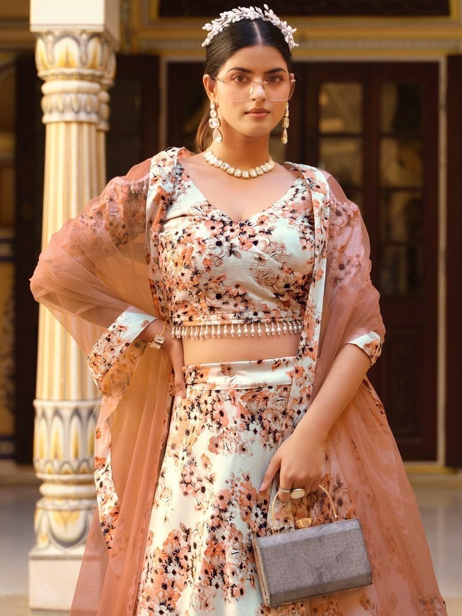 Ravishing Off-White Floral Printed Silk Events Wear Lehenga Choli