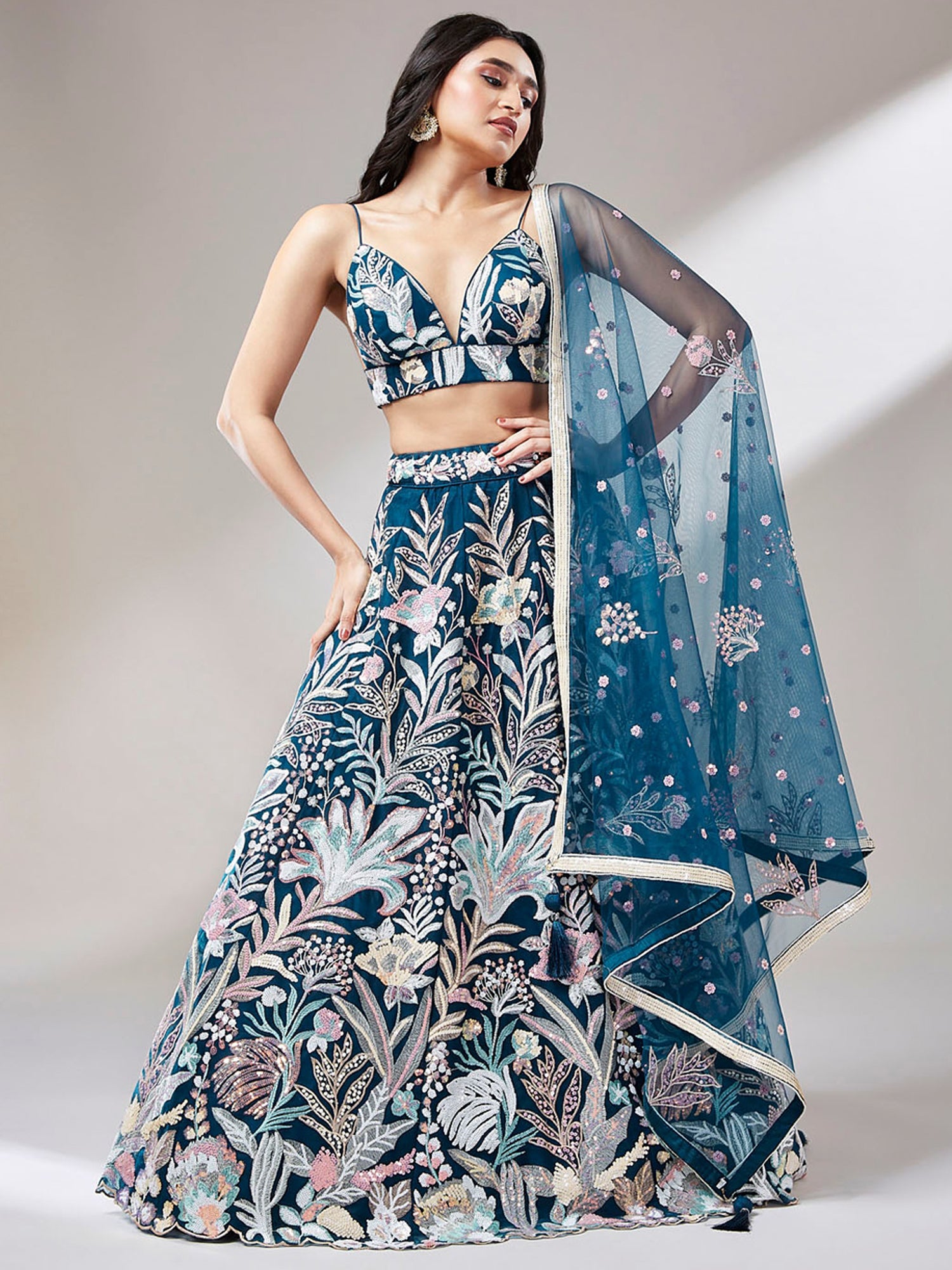 Gorgeous Teal Blue Sequins Net Designer Lehenga Choli With Dupatta