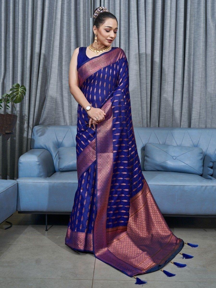 Delightful Blue Jacquard Soft Silk Event Wear Saree With Blouse