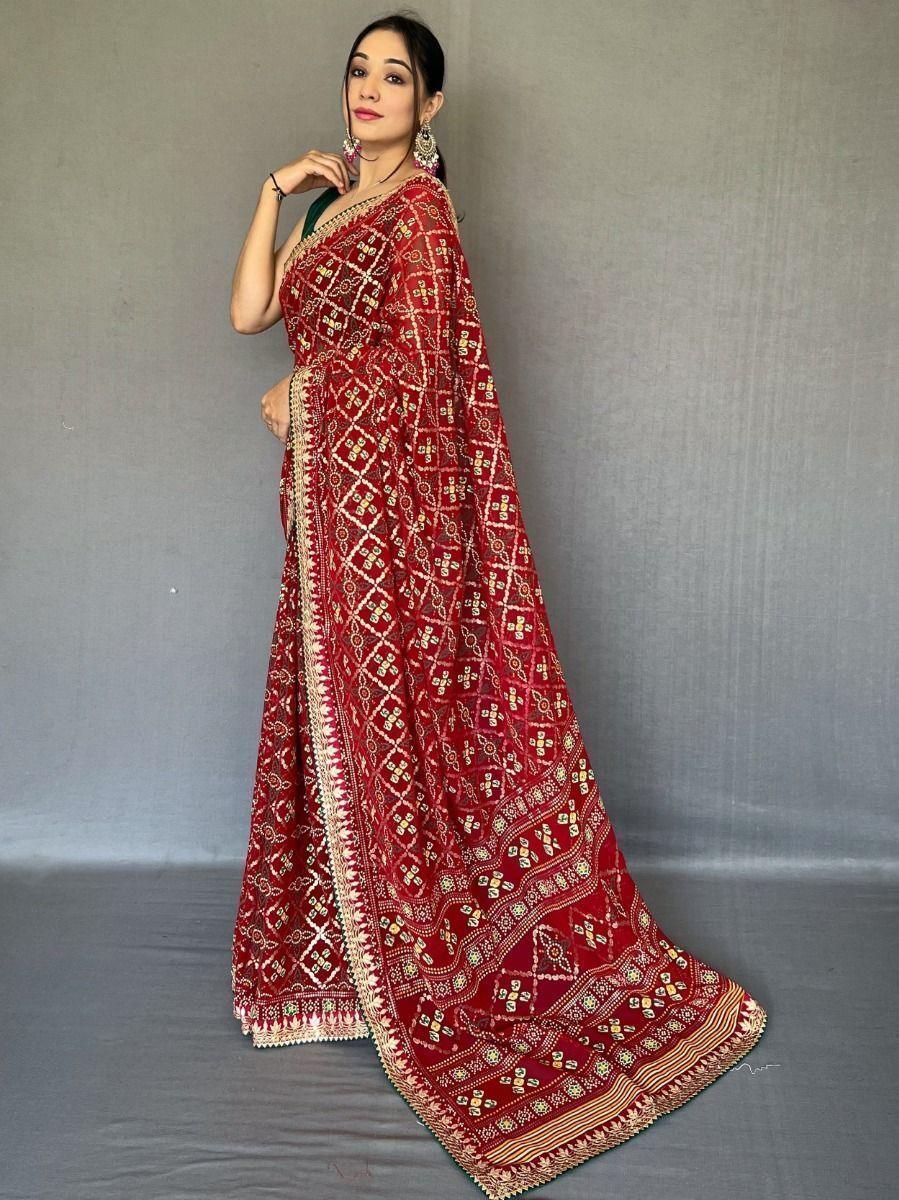 Glamorous Maroon Printed Georgette Festival Wear Saree With Blouse