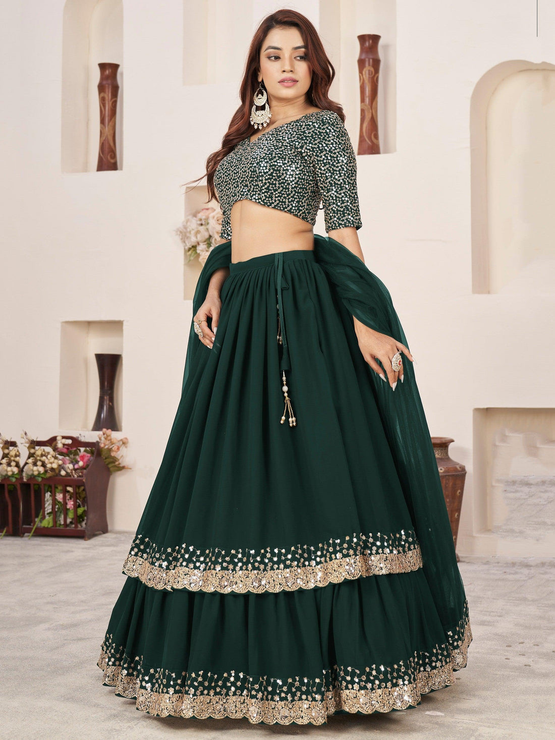 Dazzling Green Sequins Georgette Wedding Wear Lehenga Choli