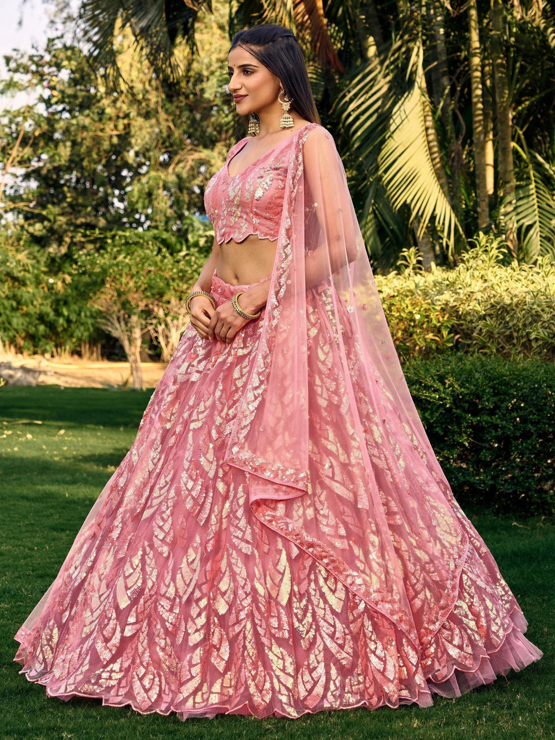 Awesome Pink Sequins Net Bridesmaid Lehenga Choli With Dupatta