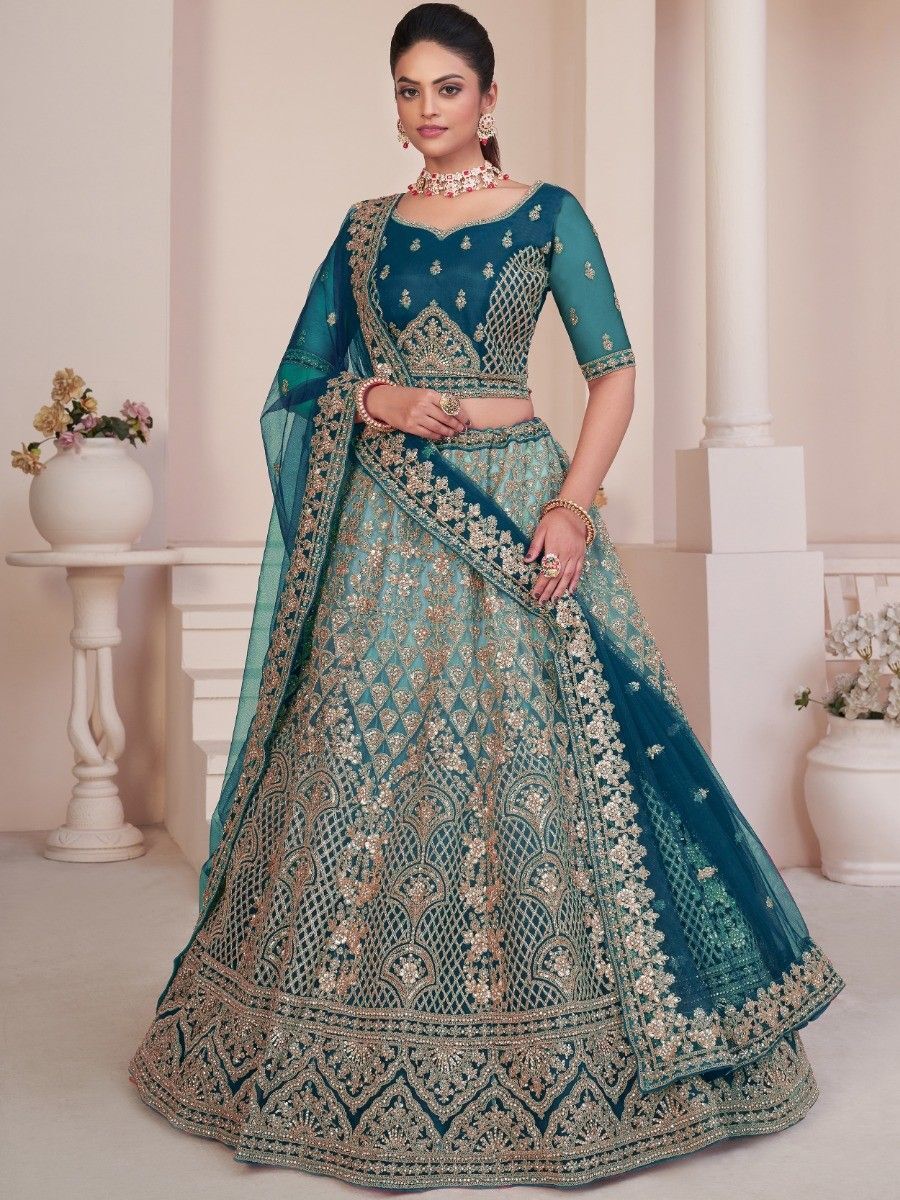 Shop Online Digital Print, Embroidered and Sequins Work Faux Georgette  Lehenga Choli In Blue for Engagement : 280688 -